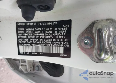 2019 Honda Civic Ex z USA, uszkodzony, nr VIN SHHFK7H6XKU223607